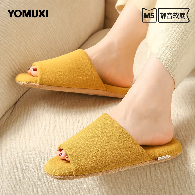 Spring and Summer Open-Toe Unisex Indoor Home Use Silent Breathable Non-Slip Wooden Floor Maternity Soft-Soled Cotton Slippers