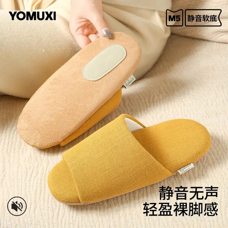 Spring and Summer Open-Toe Unisex Indoor Home Use Silent Breathable Non-Slip Wooden Floor Maternity Soft-Soled Cotton Slippers