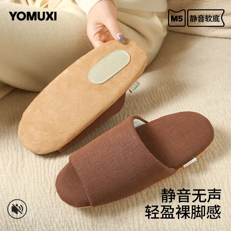Spring and Summer Open-Toe Unisex Indoor Home Use Silent Breathable Non-Slip Wooden Floor Maternity Soft-Soled Cotton Slippers