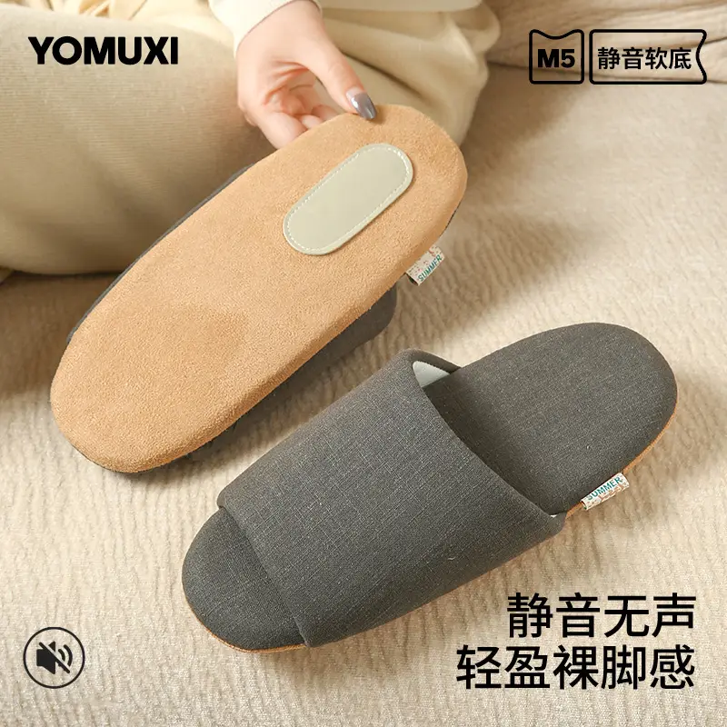 Spring and Summer Open-Toe Unisex Indoor Home Use Silent Breathable Non-Slip Wooden Floor Maternity Soft-Soled Cotton Slippers