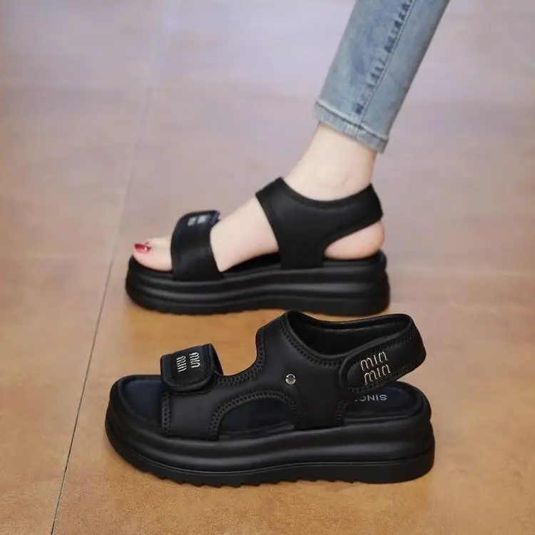 Women Velvet Roman Sandals Thick Black Soles Summer 2025 - Image 2