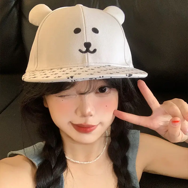 Women Bear Print Baseball Cap with Face Cover - Image 3