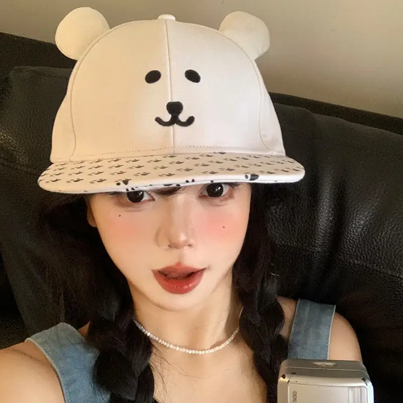Women Bear Print Baseball Cap with Face Cover - Image 5
