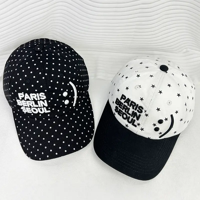 Women's Black Dot Cap with Smiling Face Design