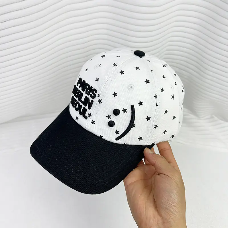 Women's Black Dot Cap with Smiling Face Design