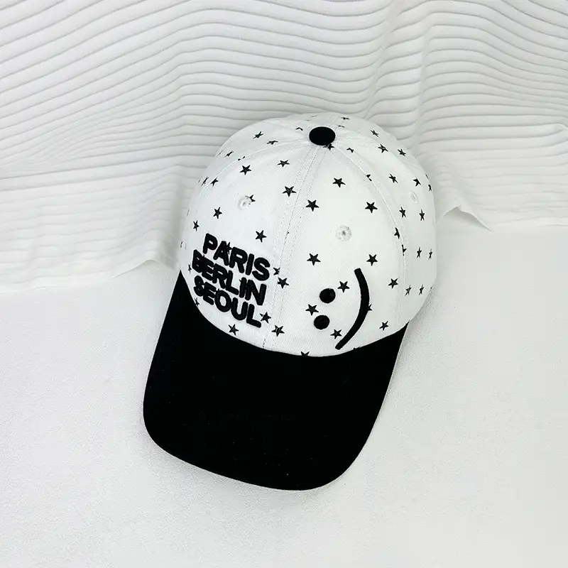 Women's Black Dot Cap with Smiling Face Design