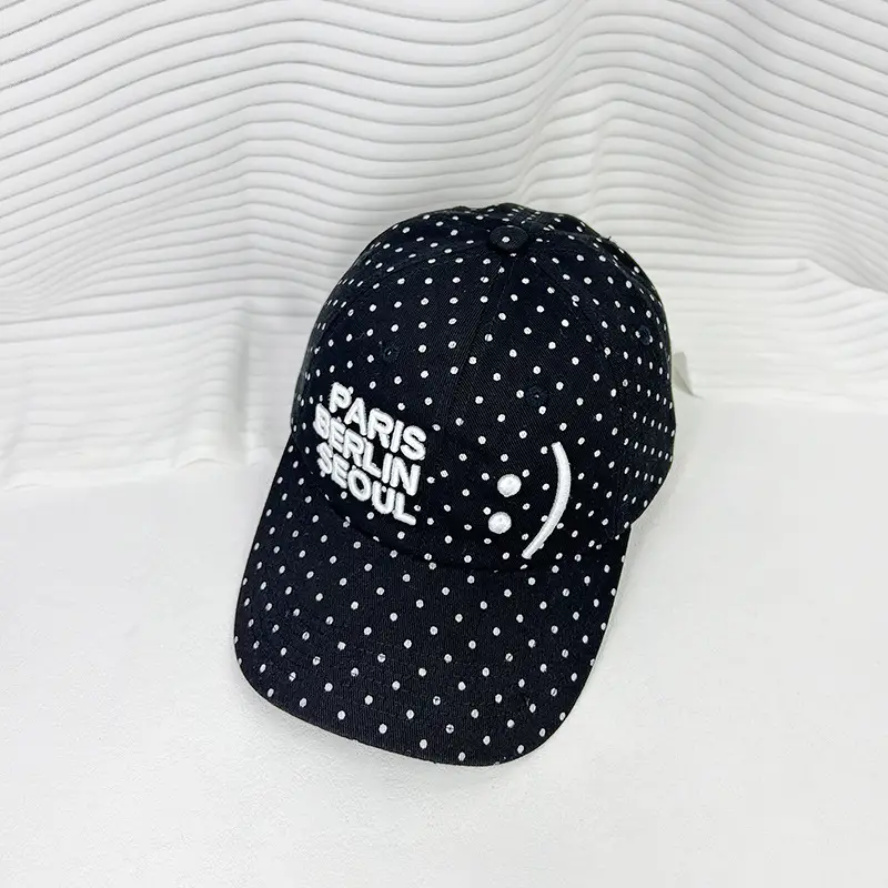 Women's Black Dot Cap with Smiling Face Design