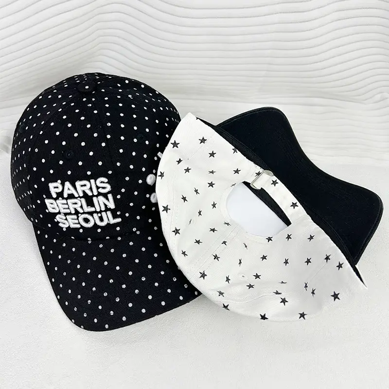 Women's Black Dot Cap with Smiling Face Design