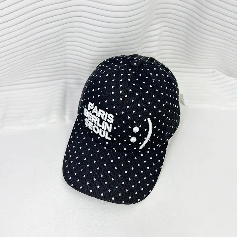 Women's Black Dot Cap with Smiling Face Design