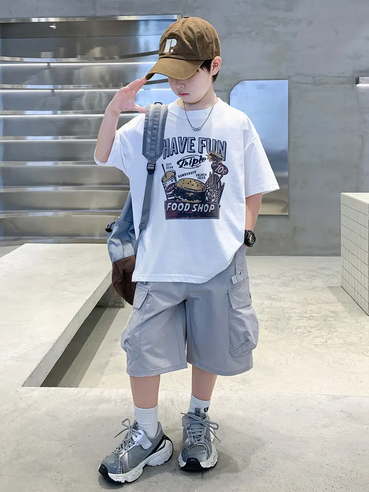 Summer Boys T-Shirt Shorts Set White Tooling Shorts