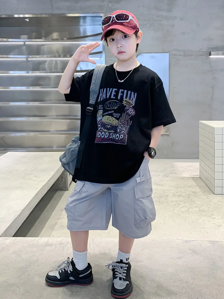 Summer Boys T-Shirt Shorts Set White Tooling Shorts