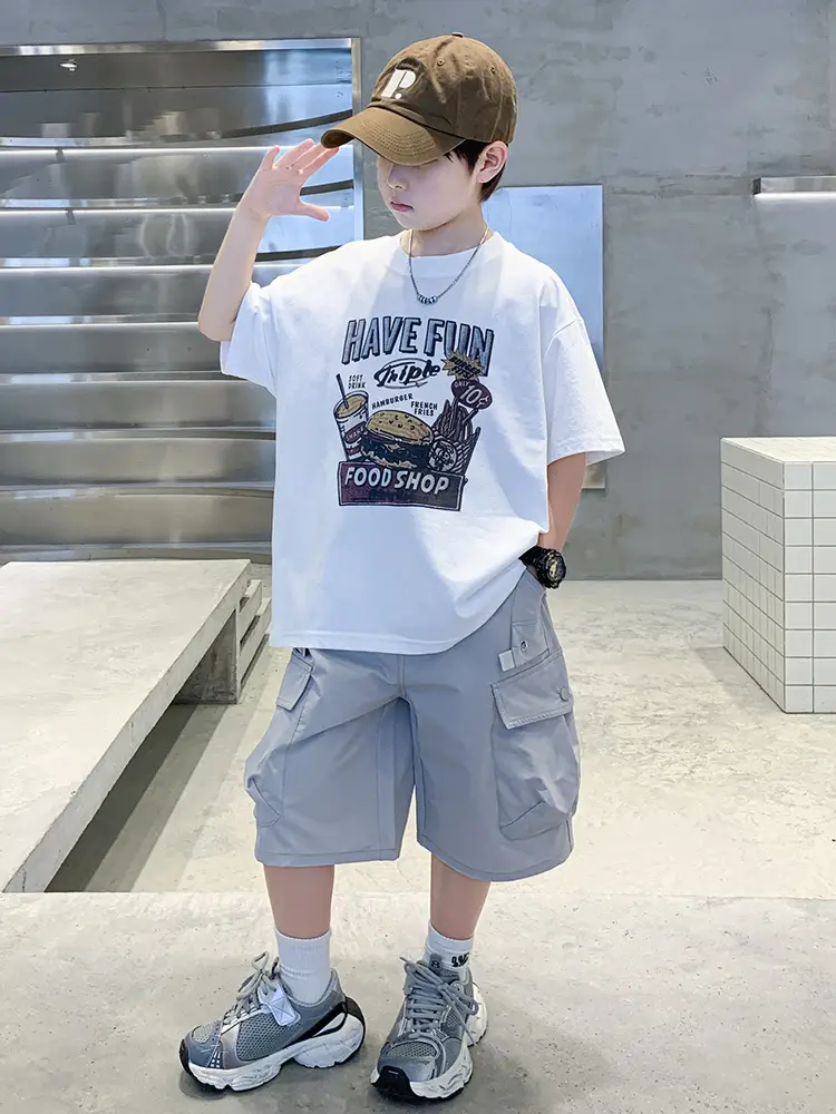 Summer Boys T-Shirt Shorts Set White Tooling Shorts