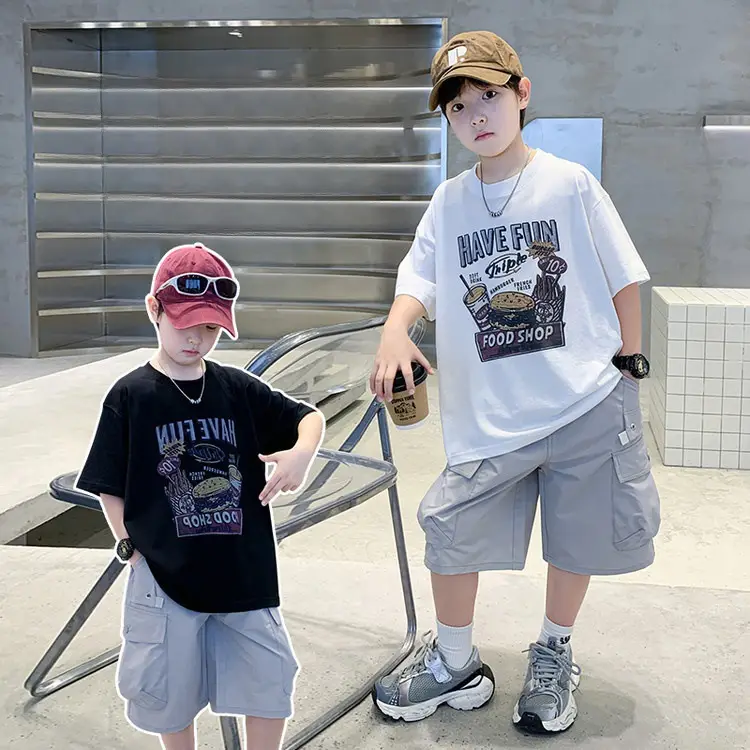 Summer Boys T-Shirt Shorts Set White Tooling Shorts — feature 1