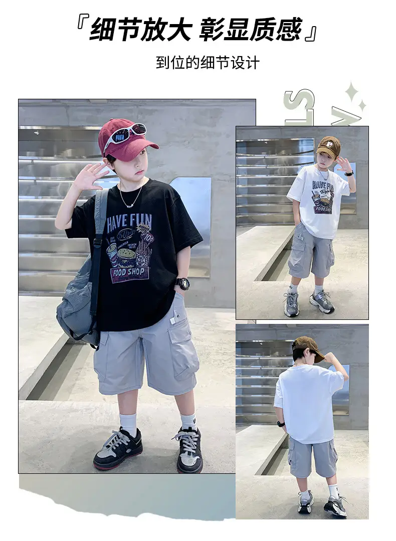Summer Boys T-Shirt Shorts Set White Tooling Shorts — feature 10