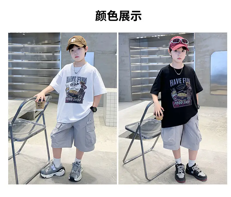 Summer Boys T-Shirt Shorts Set White Tooling Shorts — feature 16