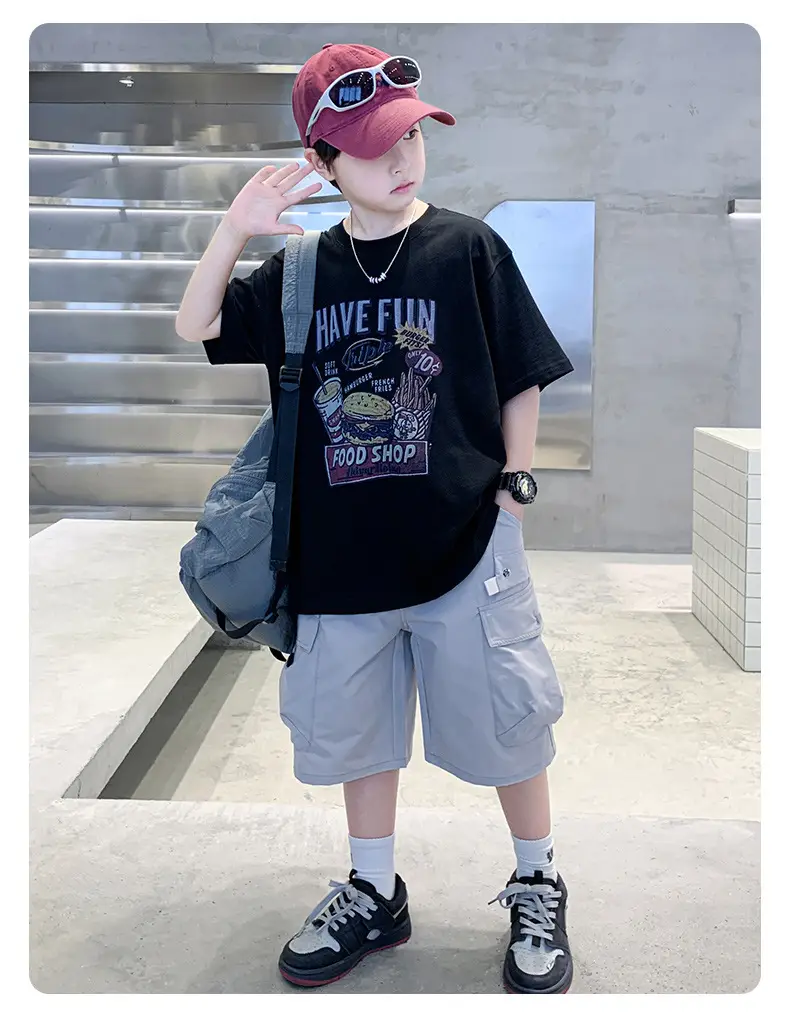 Summer Boys T-Shirt Shorts Set White Tooling Shorts — feature 18