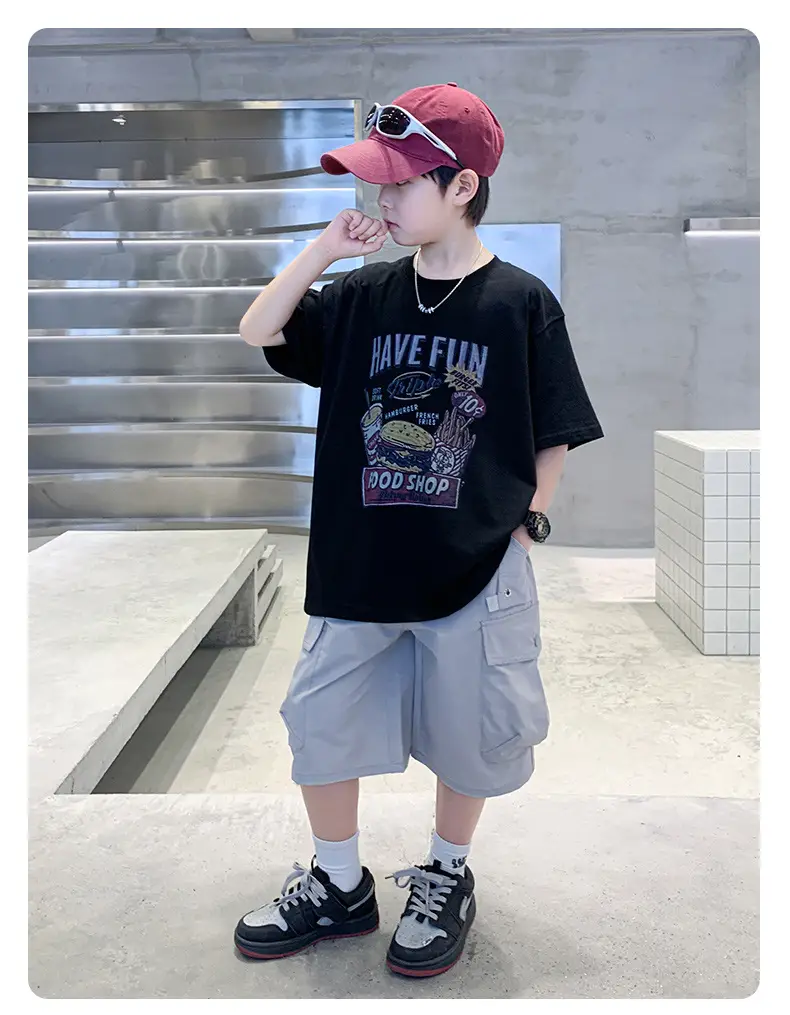 Summer Boys T-Shirt Shorts Set White Tooling Shorts — feature 19