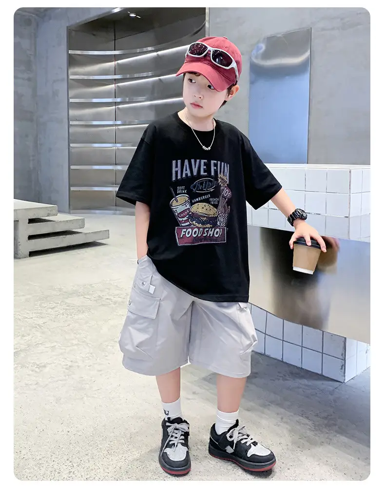 Summer Boys T-Shirt Shorts Set White Tooling Shorts — feature 21