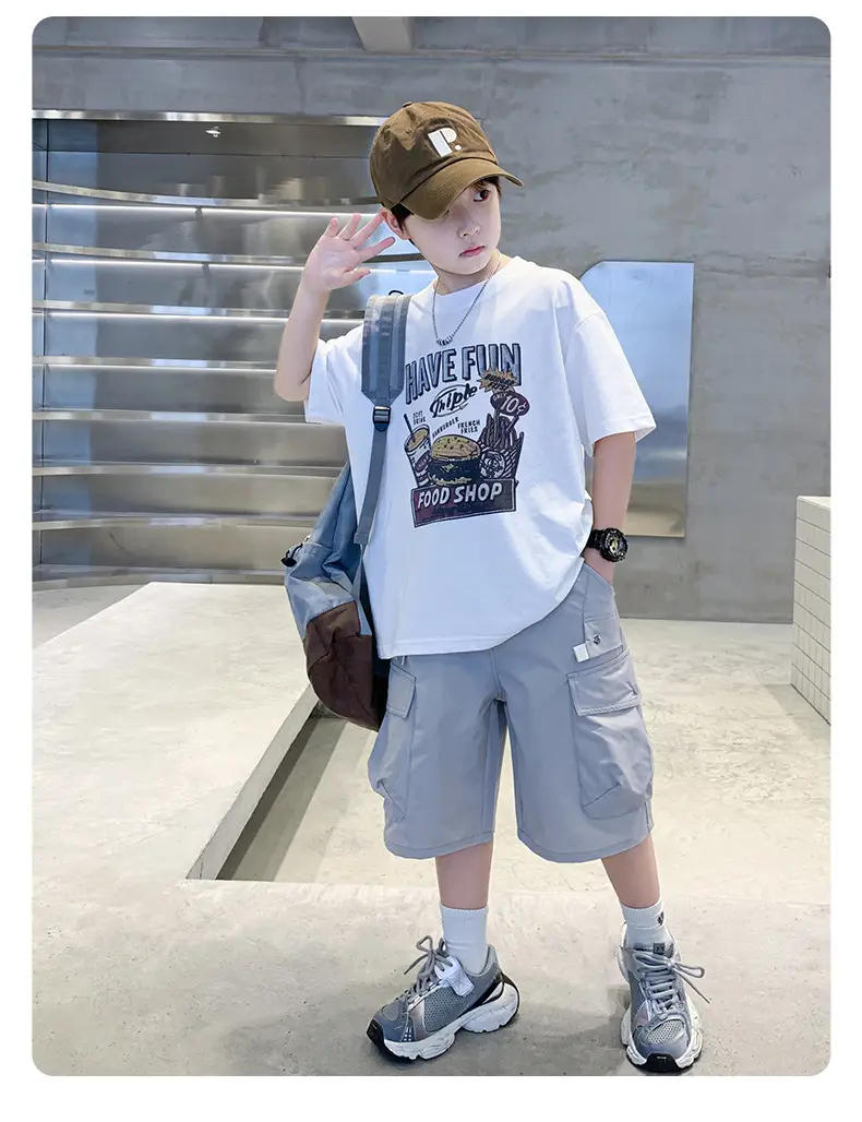 Summer Boys T-Shirt Shorts Set White Tooling Shorts — feature 23