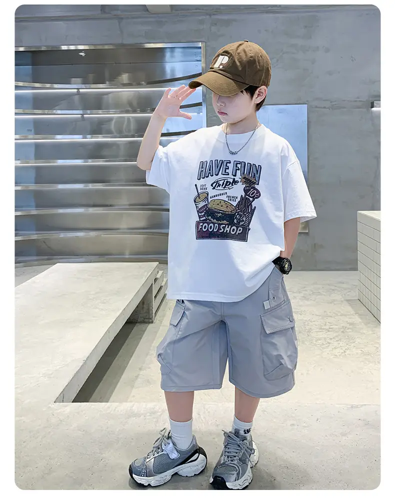 Summer Boys T-Shirt Shorts Set White Tooling Shorts — feature 24