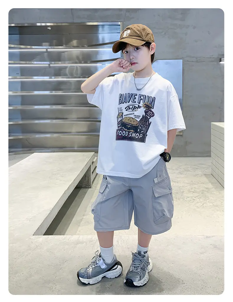 Summer Boys T-Shirt Shorts Set White Tooling Shorts — feature 25