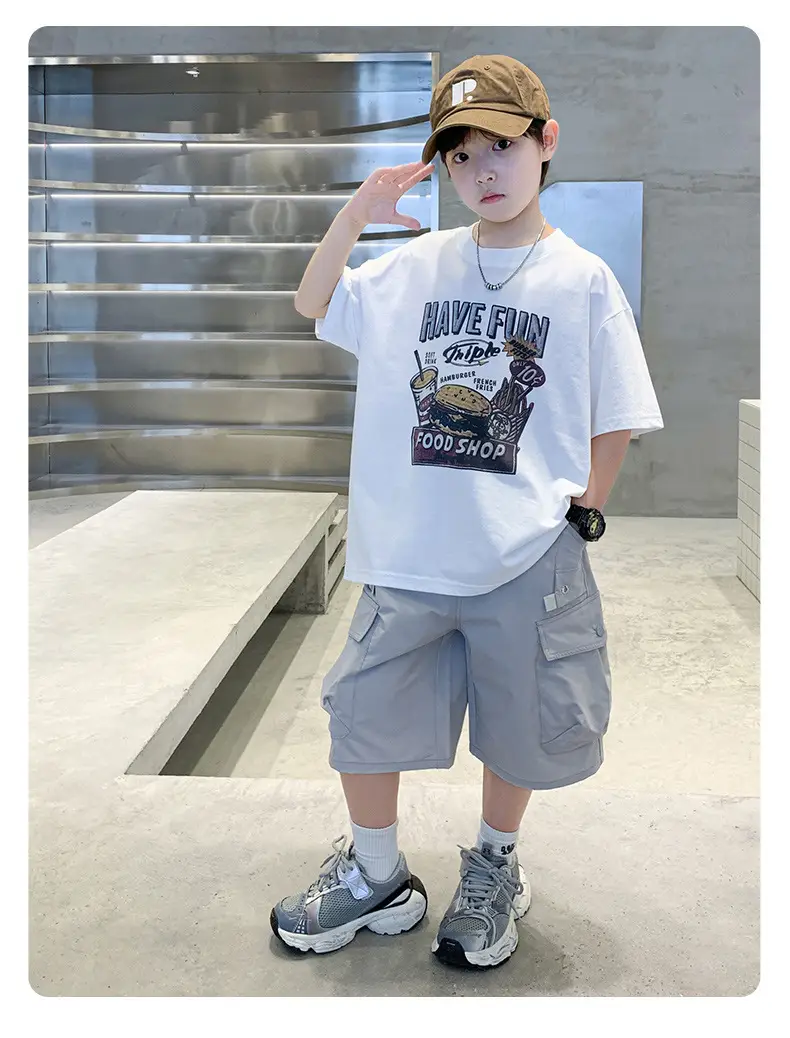 Summer Boys T-Shirt Shorts Set White Tooling Shorts — feature 26