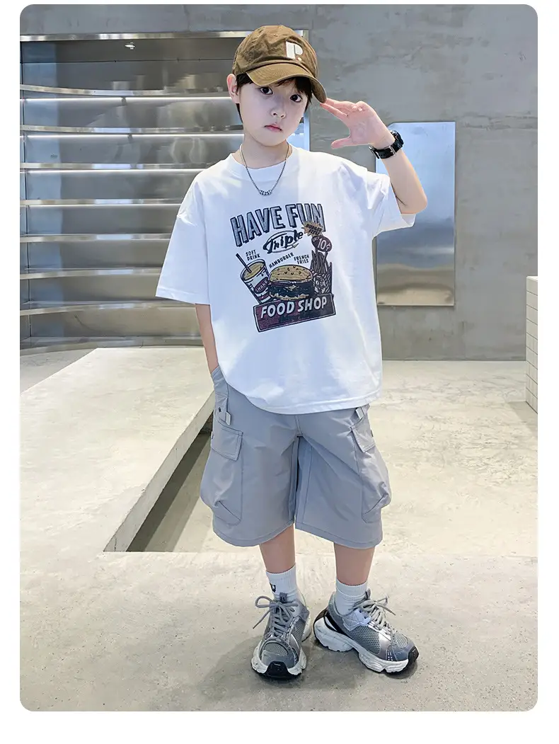 Summer Boys T-Shirt Shorts Set White Tooling Shorts — feature 27