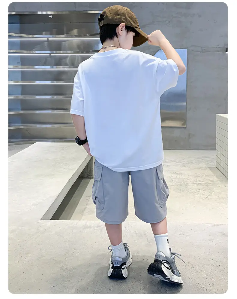 Summer Boys T-Shirt Shorts Set White Tooling Shorts — feature 28