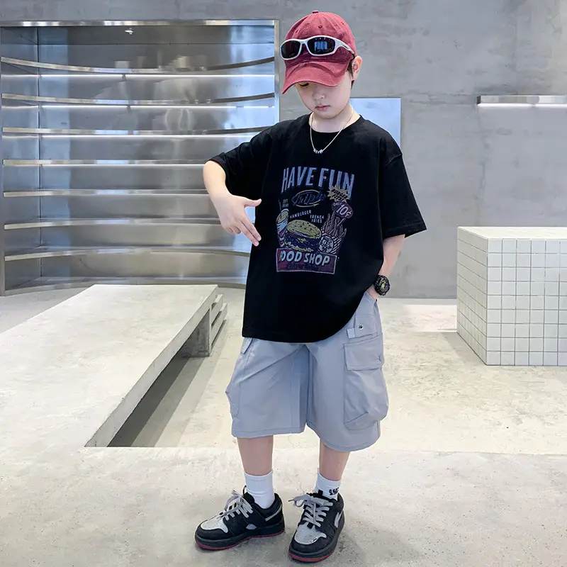 Summer Boys T-Shirt Shorts Set White Tooling Shorts — feature 5