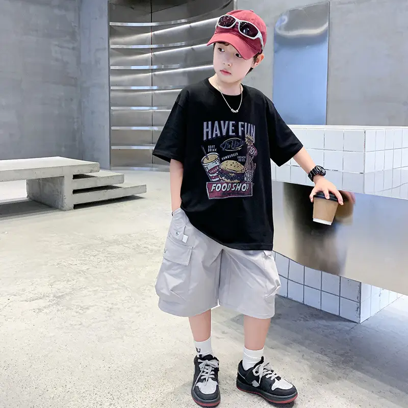 Summer Boys T-Shirt Shorts Set White Tooling Shorts — feature 6