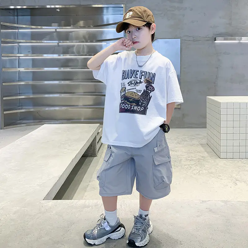 Summer Boys T-Shirt Shorts Set White Tooling Shorts — feature 7