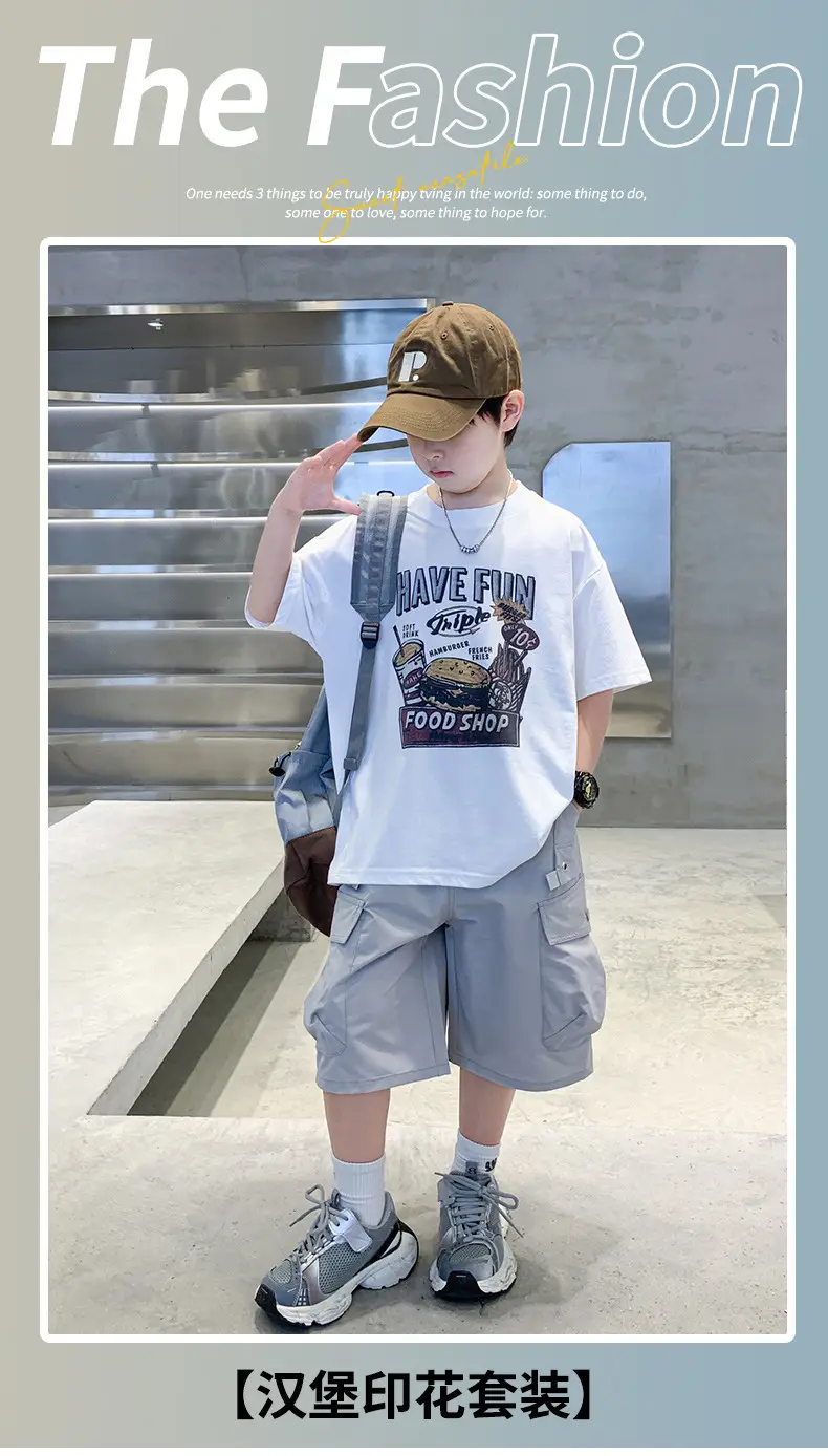 Summer Boys T-Shirt Shorts Set White Tooling Shorts — feature 8