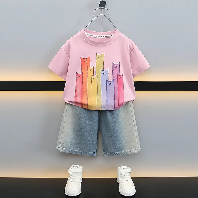 Boys T-Shirt with Colorful Cat Print 2-Piece Set - Image 5