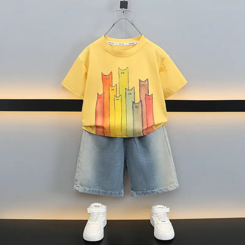Boys T-Shirt with Colorful Cat Print 2-Piece Set - Image 6