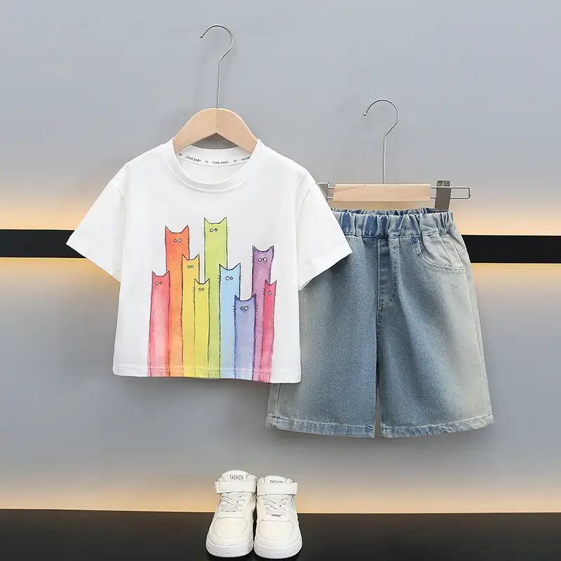 Boys T-Shirt with Colorful Cat Print 2-Piece Set - Image 8