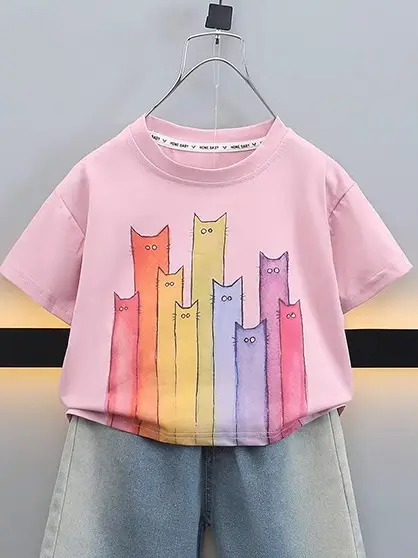 Boys T-Shirt with Colorful Cat Print 2-Piece Set - Image 2