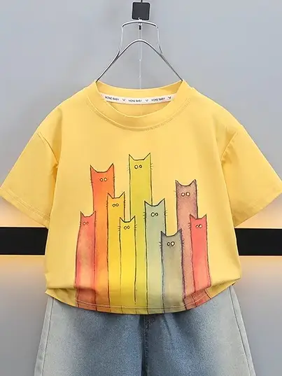 Boys T-Shirt with Colorful Cat Print 2-Piece Set - Image 3