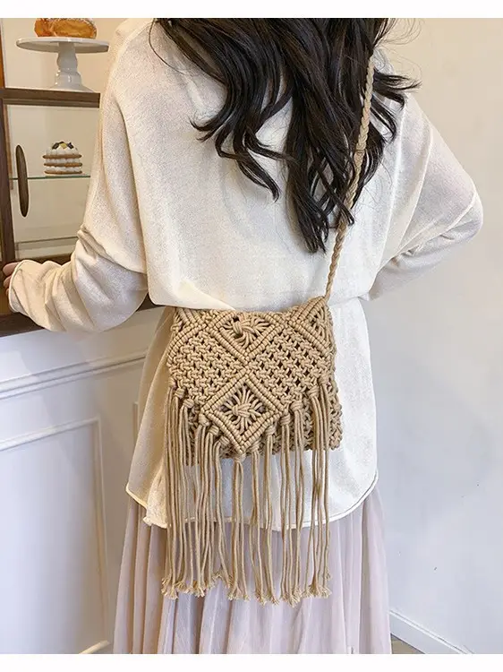Handmade Cotton Rope Crossbody Bag with Tassels