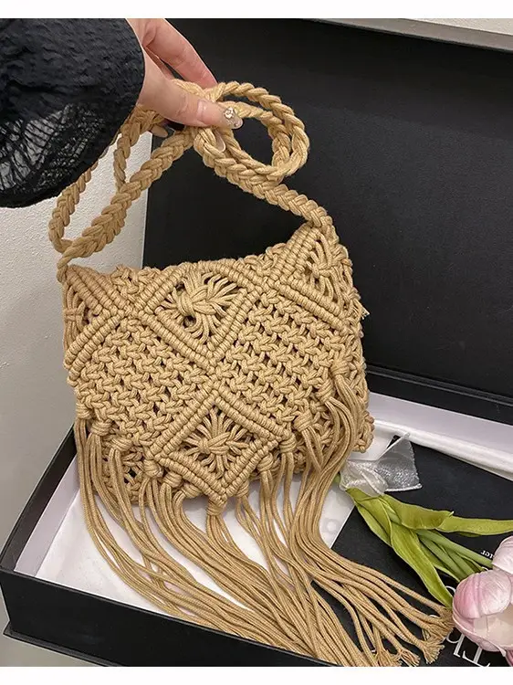 Handmade Cotton Rope Crossbody Bag with Tassels