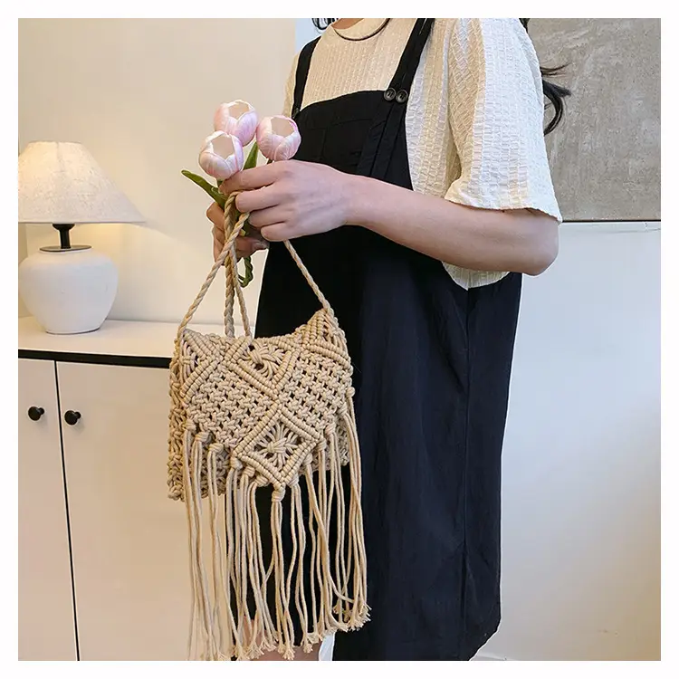 Handmade Cotton Rope Crossbody Bag with Tassels — feature 13