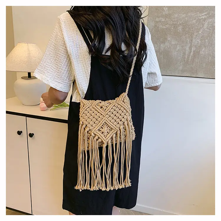 Handmade Cotton Rope Crossbody Bag with Tassels — feature 14