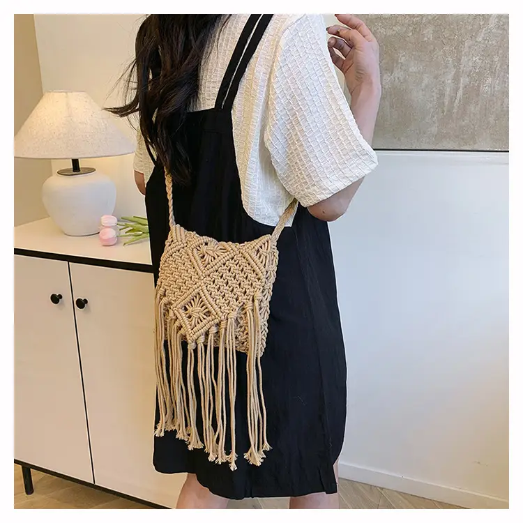 Handmade Cotton Rope Crossbody Bag with Tassels — feature 15