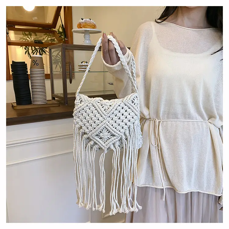 Handmade Cotton Rope Crossbody Bag with Tassels — feature 16