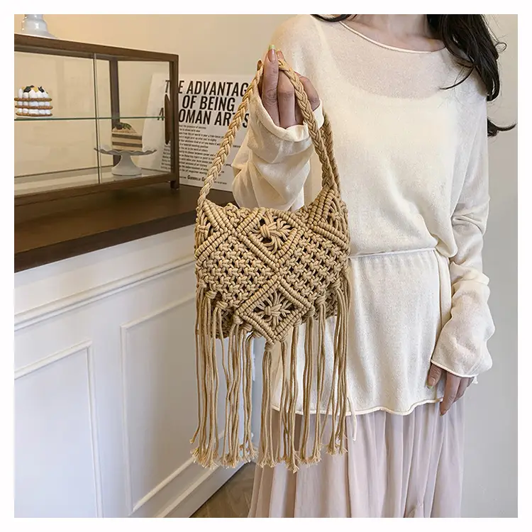 Handmade Cotton Rope Crossbody Bag with Tassels — feature 8