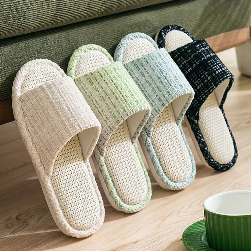 Linen Slippers for Women Spring and Summer Home Indoor Soft Floor Silent Anti-Slip Four-Season Home Cotton and Linen Slippers for Men