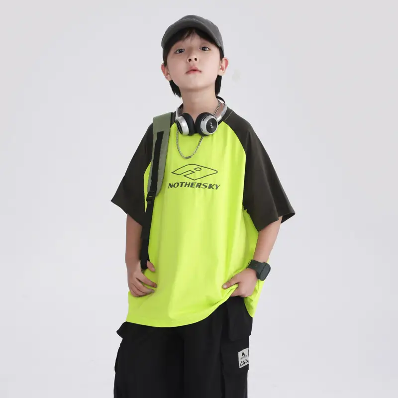 Boys Korean Style Neon Black Loose Short Sleeve T-Shirt 2026