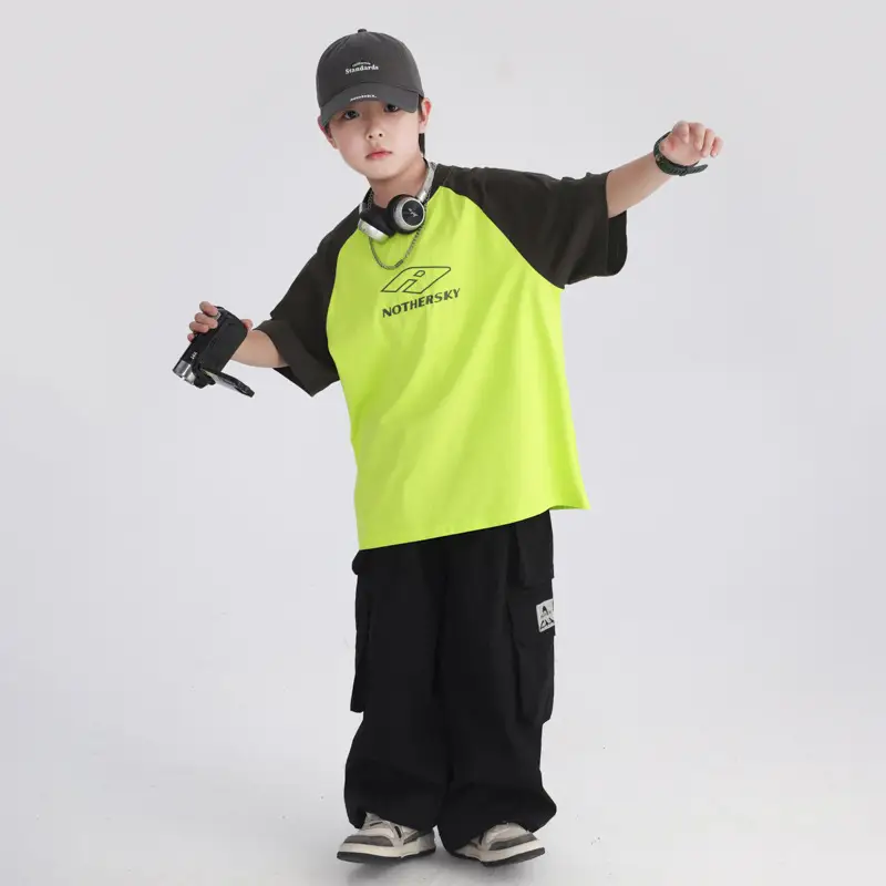 Boys Korean Style Neon Black Loose Short Sleeve T-Shirt 2026