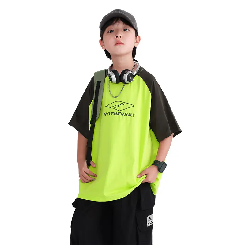 Boys Korean Style Neon Black Loose Short Sleeve T-Shirt 2026