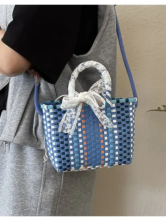 Woven Crossbody Bag Blue White Women's Shoulder Bag
