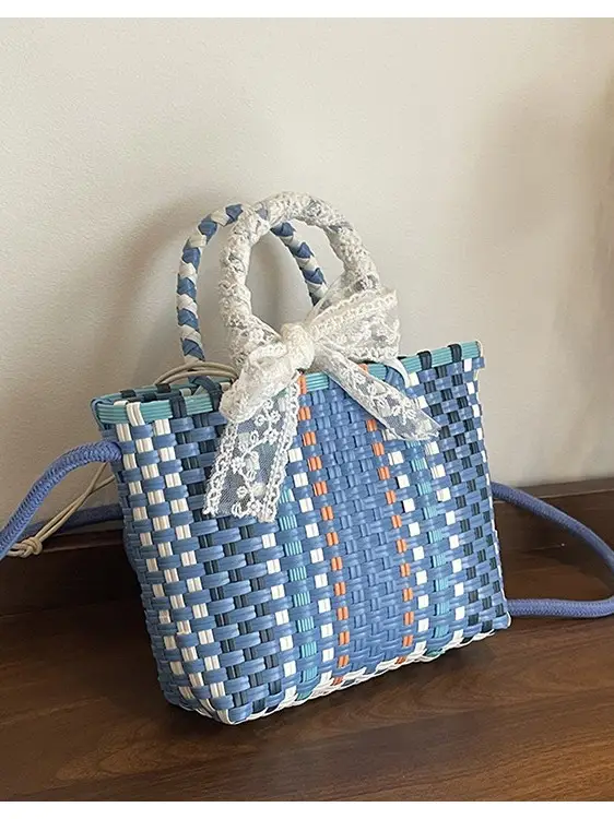 Woven Crossbody Bag Blue White Women's Shoulder Bag